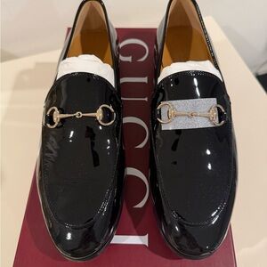 Gucci Black Patent Leather Loafers with Gold Hardware